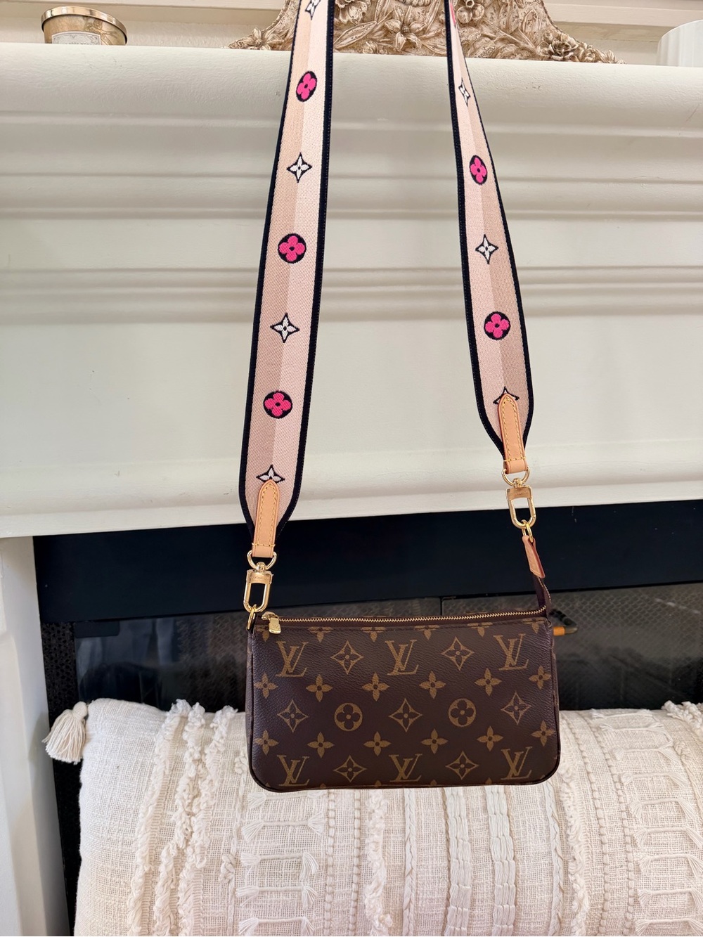 Louis Vuitton Brown Monogram Canvas Pochette Crossbody with Pink Accent Strap - Picture 6 of 8
